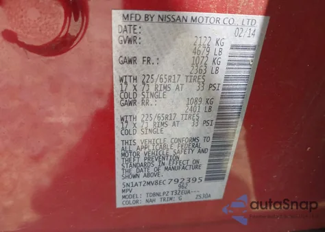 2014 Nissan Rogue S z USA, uszkodzony, nr VIN 5N1AT2MV8EC792395